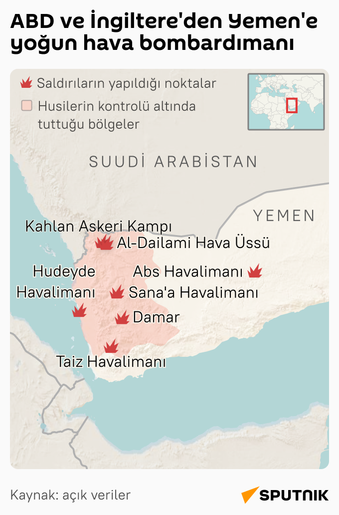 ABD ve İngiltere'den Yemen'e yoğun hava bombardımanı  - Sputnik Türkiye