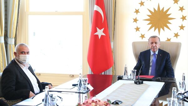 AK Parti Genel Başkanı ve Cumhurbaşkanı Recep Tayyip Erdoğan'ın 22 Ağustos'ta İstanbul'da Hamas Siyasi Büro Başkanı İsmail Haniye ve beraberindeki heyetle görüşmesi - Sputnik Türkiye