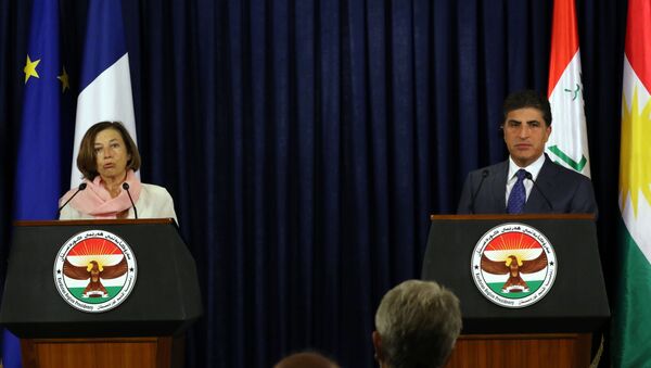 Fransa Savunma Bakanı Florence Parly ve Irak Kürt Bölgesel Yönetimi’nin (IKBY) Başkanı Neçirvan Barzani - Sputnik Türkiye