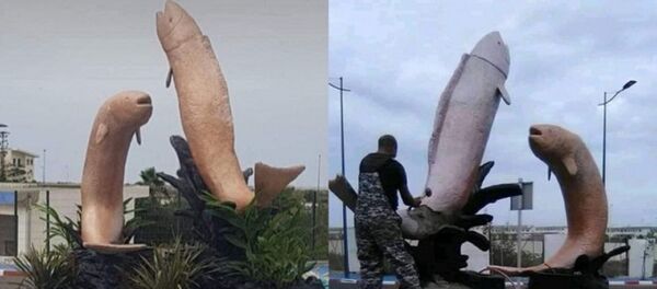 Şeftalı renginde havaya atlayan iki balığı gösteren ve Kantire iline bağlı sahil kasabası Mehdiye'nin kavşağına yerleştirilen heykel - Sputnik Türkiye