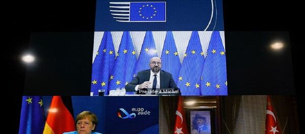  Recep Tayyip Erdoğan, AB Konseyi Başkanı Charles Michel, Almanya Başbakanı Angela Merkel - Sputnik Türkiye