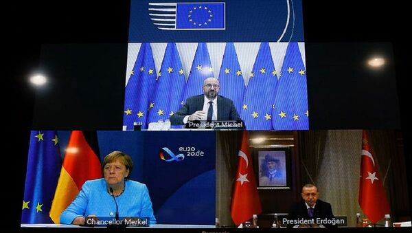  Recep Tayyip Erdoğan, AB Konseyi Başkanı Charles Michel, Almanya Başbakanı Angela Merkel - Sputnik Türkiye