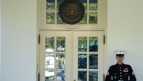 Beyaz Saray'da Batı Kanadı'nın dışarısında görevlendirilen bir ABD askeri. ABD askerinin burada bekliyor oluşu, ABD Başkanı'nın Oval Ofis'te olduğu anlamına geliyor. - Sputnik Türkiye