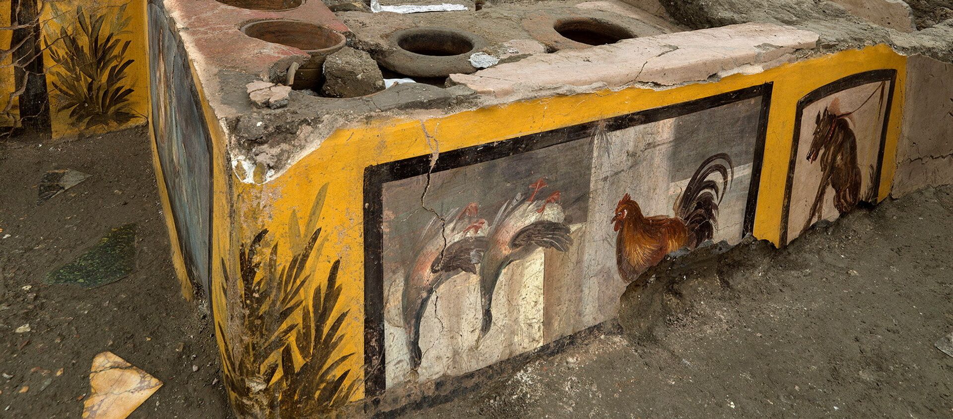 Pompeii'de ortaya çıkarılan fast food restoranın atasında, parlak renkli fresklerle süslenmiş dairesel bir tezgah bulunuyor. - Sputnik Türkiye, 1920, 27.12.2020