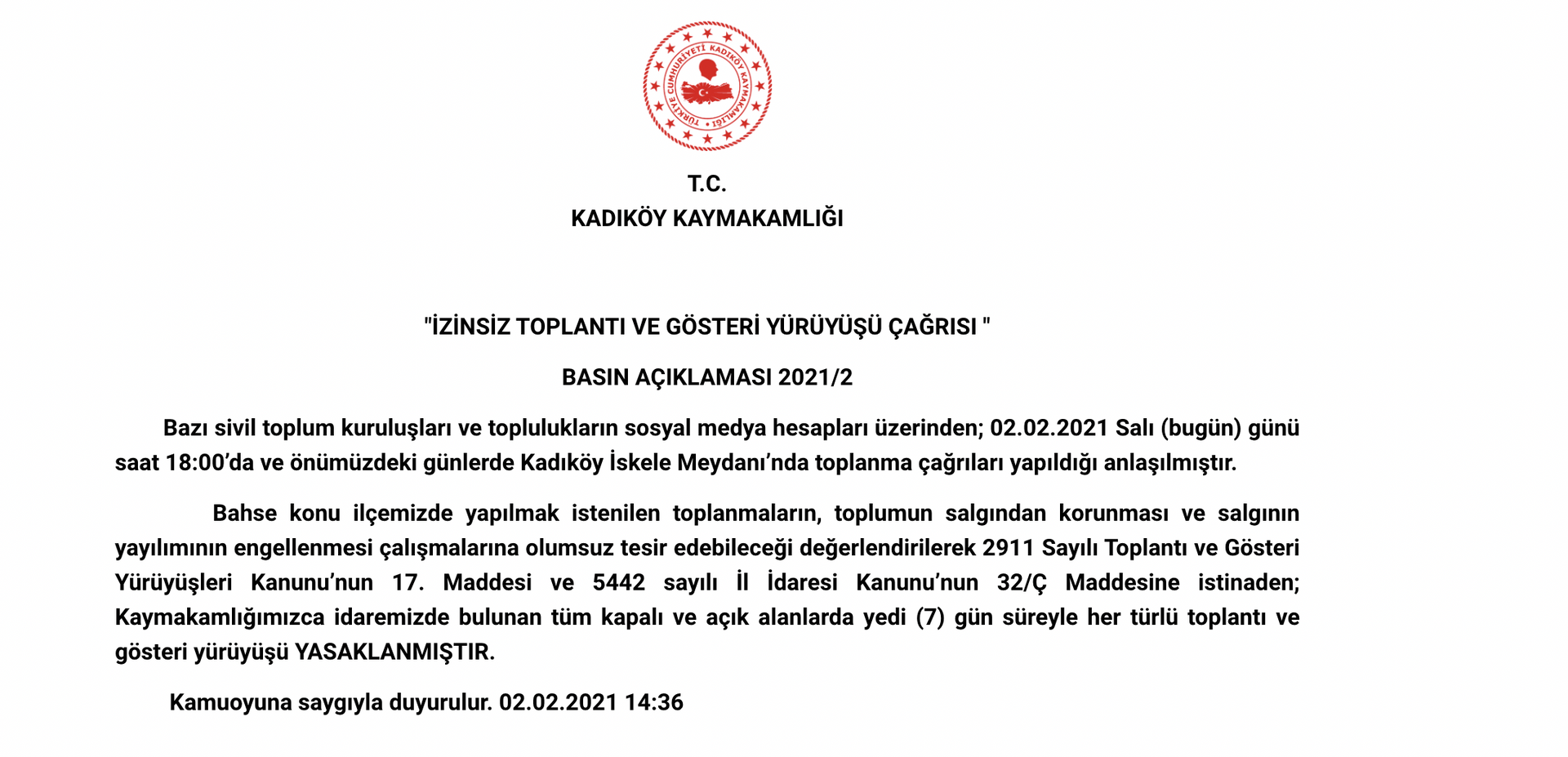 Kadıköy'de 7 gün süreyle her türlü toplantı ve gösteri yürüyüşü yasaklandı - Sputnik Türkiye, 1920, 02.02.2021