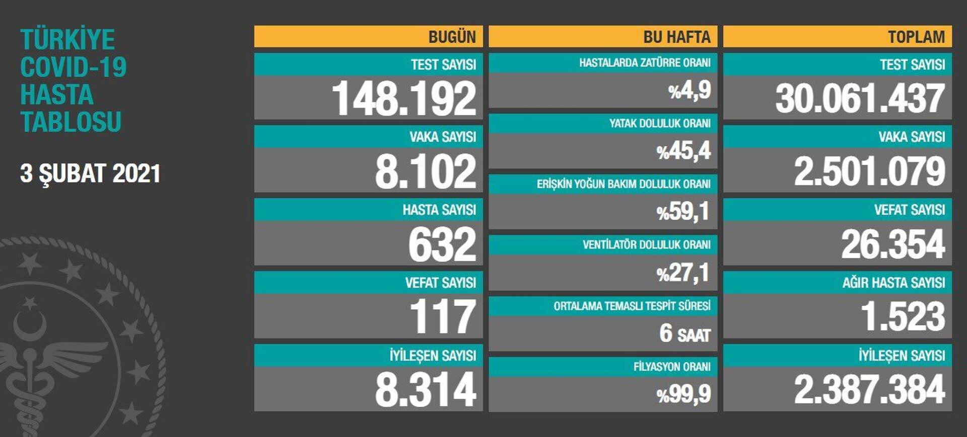 Türkiye'de son 24 saatte 117 kişi hayatını kaybetti, 8 bin 102 kişinin testi pozitif çıktı - Sputnik Türkiye, 1920, 03.02.2021