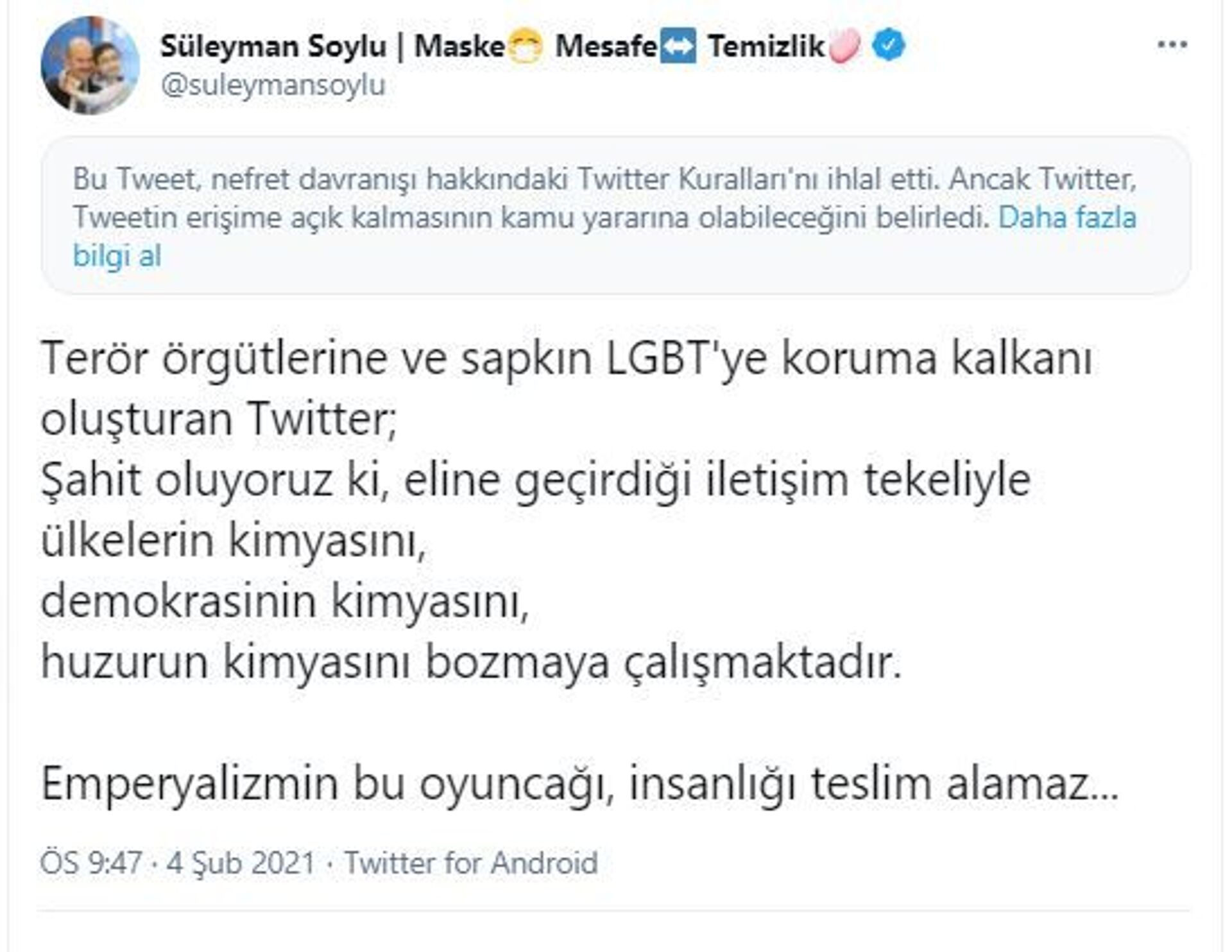 Twitter'dan İçişleri Bakanı Soylu’nun iki tweetine daha kısıtlama - Sputnik Türkiye, 1920, 05.02.2021