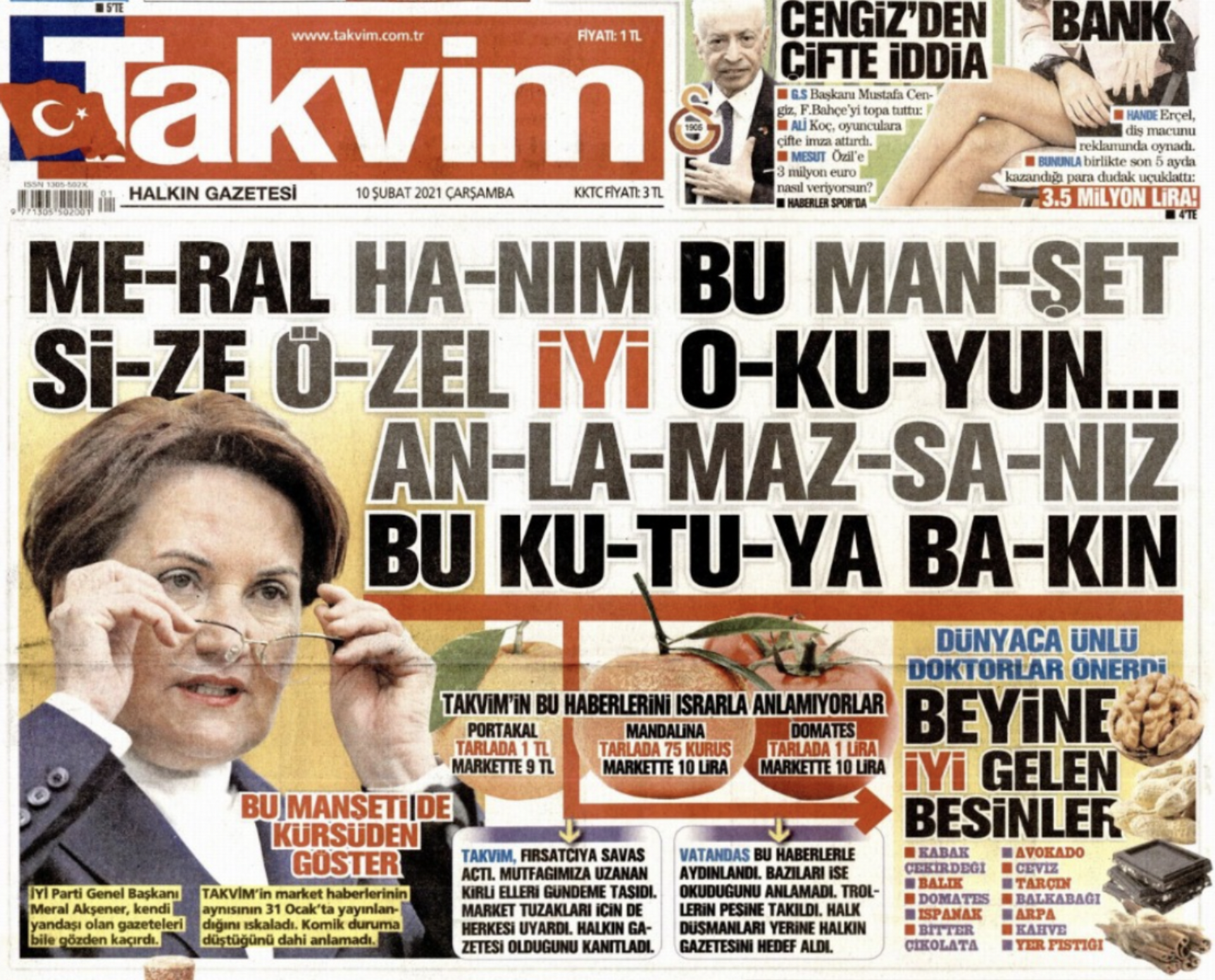 Takvim gazetesinden Akşener'e: Bu manşeti anlamazsanız 'beyne iyi gelen besinler'i okuyun - Sputnik Türkiye, 1920, 10.02.2021