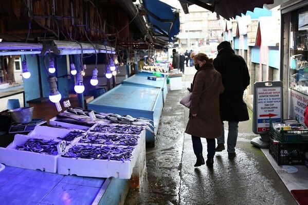Balıkçılar ve Manavcılar Derneği Başkanı Cemal Kaya Şamlıoğlu, hava muhalefetinden dolayı son birkaç gündür balıkçıların denize açılamadığı için tezgahlarda günlük taze balık satılamadığını söyledi. - Sputnik Türkiye