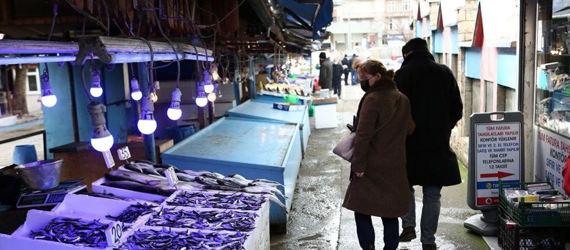 Balıkçılar ve Manavcılar Derneği Başkanı Cemal Kaya Şamlıoğlu, hava muhalefetinden dolayı son birkaç gündür balıkçıların denize açılamadığı için tezgahlarda günlük taze balık satılamadığını söyledi. - Sputnik Türkiye, 1920, 18.02.2021