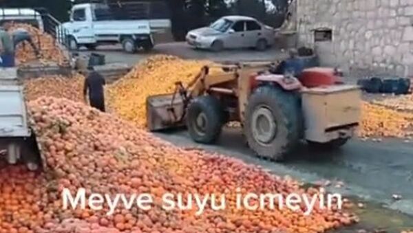 Sosyal medyada Adana’da çekildiği iddia edilerek paylaşılan bir videoda çoğu çürümüş portakalın meyve suyu yapımı için kepçeyle tesise taşındığı görüldü. - Sputnik Türkiye
