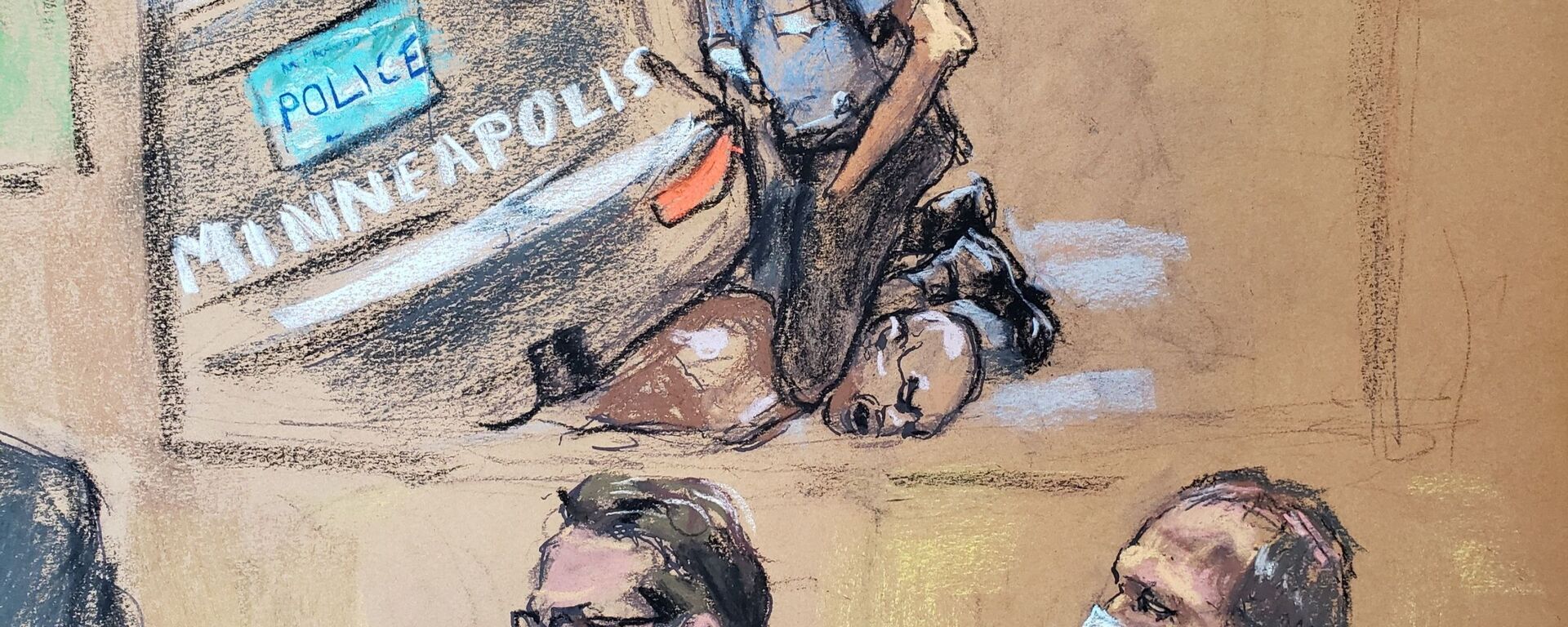 Mahkeme çizimiyle George Floyd davasında boğularak öldürülmesinin videosu gösterilirken avukat Eric Nelson ile müvekkili olan eski polis memuru Derek Chauvin (sağda) - Sputnik Türkiye, 1920, 27.04.2022