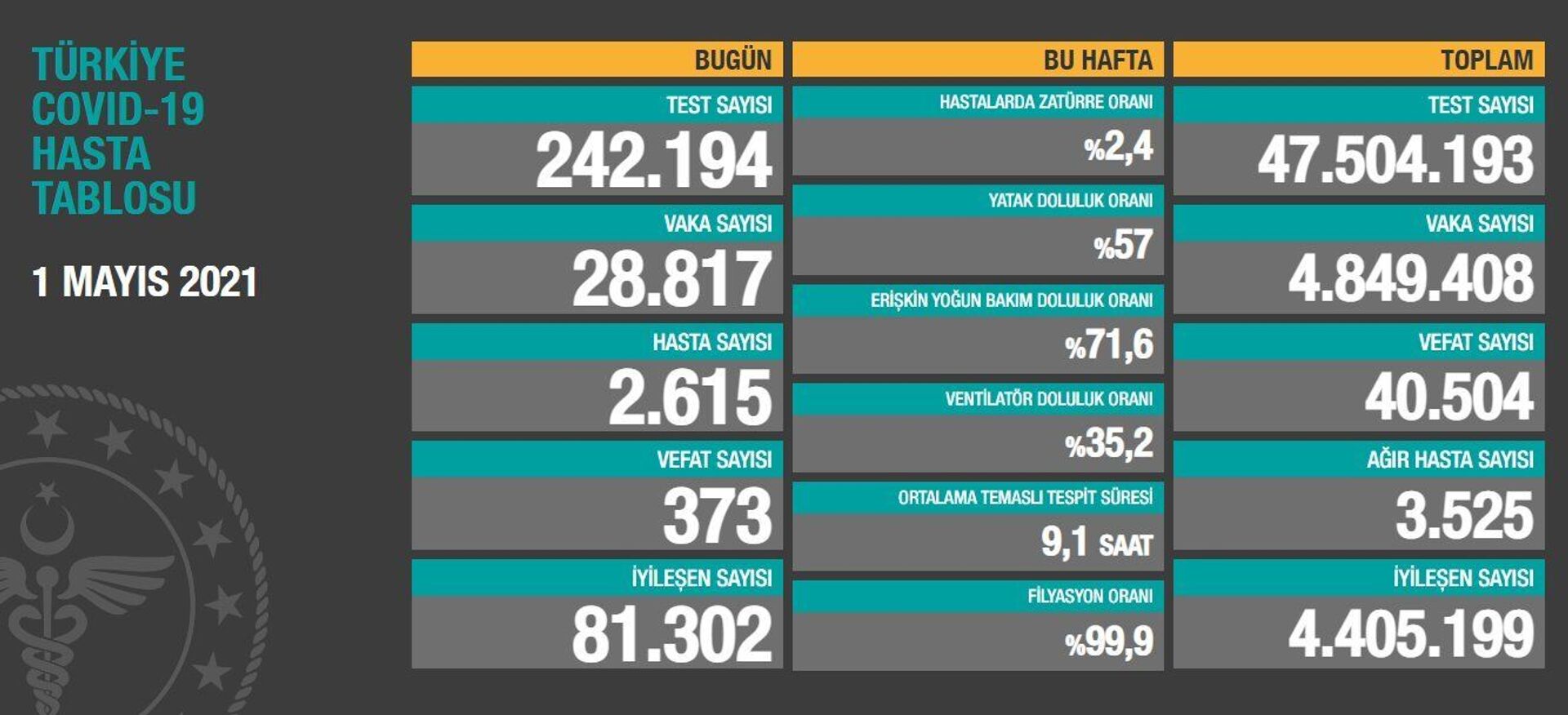 Türkiye'de son 24 saatte koronavirüsten 373 kişi hayatını kaybetti, 28 bin 817 kişinin testi pozitif çıktı - Sputnik Türkiye, 1920, 01.05.2021