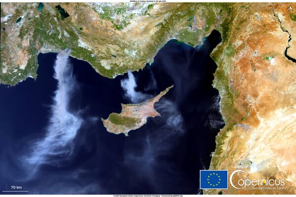 Avrupa Birliği'nin DEFIS uydusu tarafından çekilen görüntüde Mersin'den Kıbrıs'a ve Antalya'dan Akdeniz'e doğru dumanların yükseldiği görüldü - Sputnik Türkiye