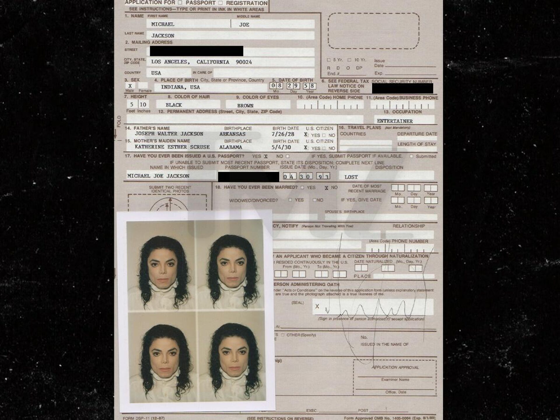 Michael Jackson'ın kaybettiği pasaportunun yenisini almak üzere doldurduğu başvuru formu - Sputnik Türkiye, 1920, 18.10.2021