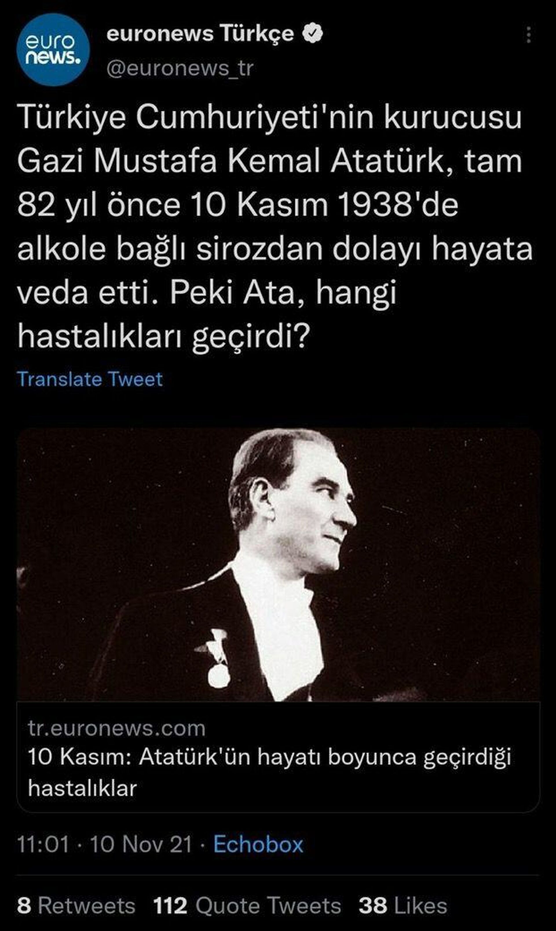 Euronews Türkçe'nin 10 Kasım'da yaptığı paylaşım - Sputnik Türkiye, 1920, 10.11.2021