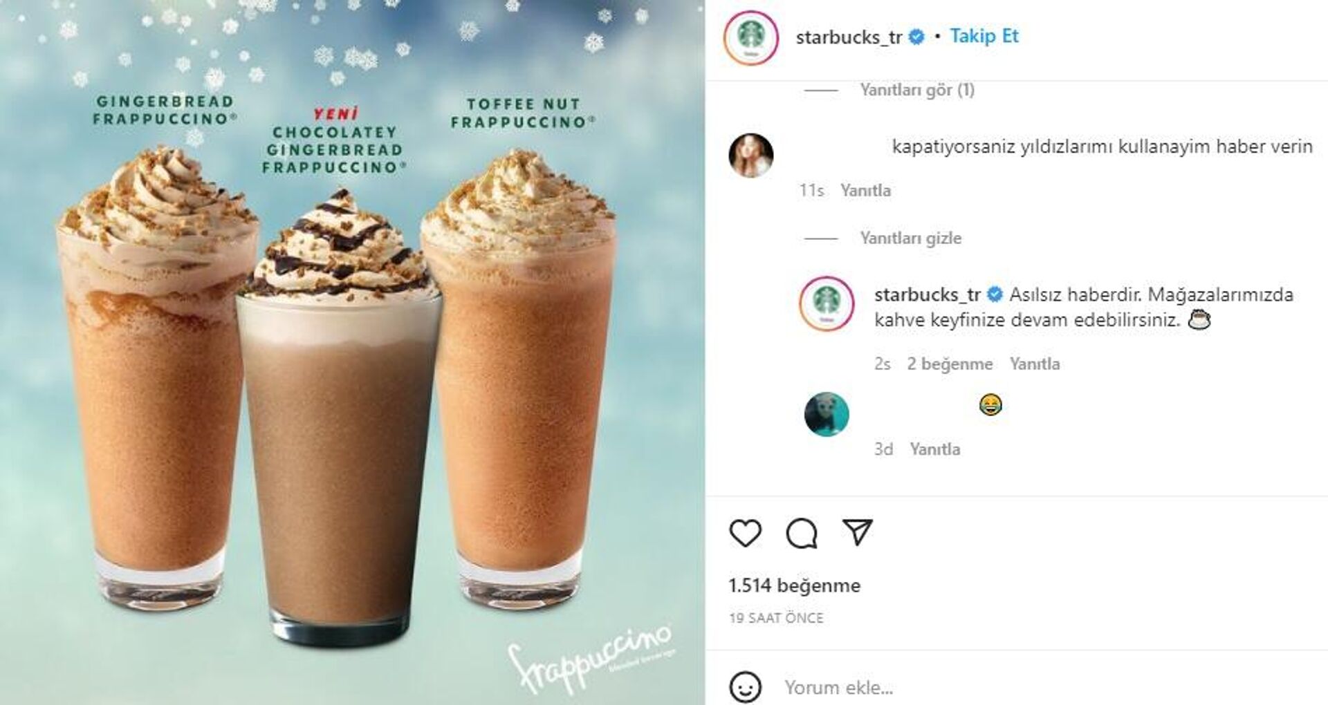 Starbucks Türkiye, Instagram hesabından Asılsız haberdir. Mağazalarımızda kahve keyfinize devam edebilirsiniz yanıtını verdi. - Sputnik Türkiye, 1920, 25.11.2021