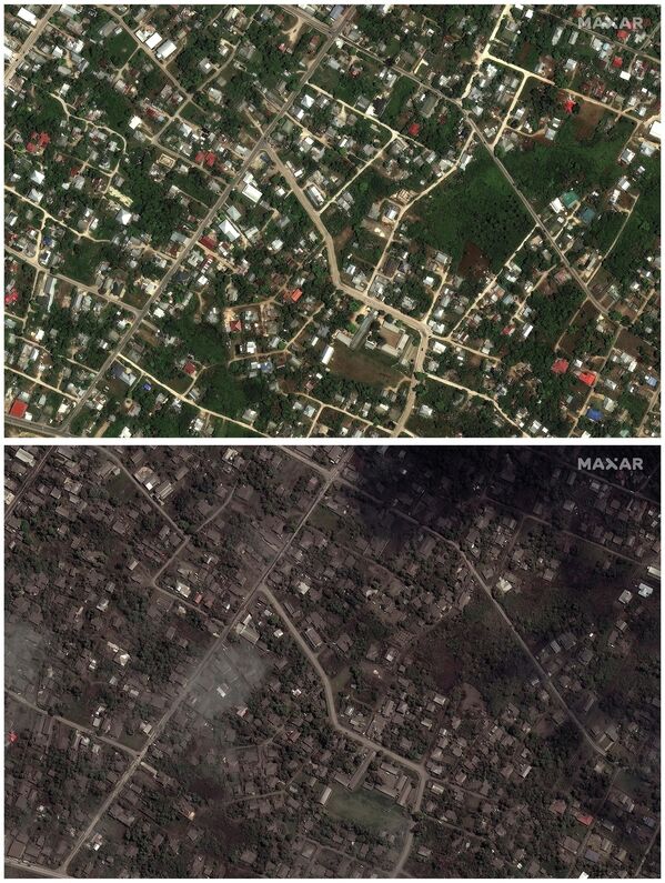 Yayınlanan 40 hava fotoğrafı, bazı bölgeleri külle kaplı, hasarlı binaları, diğerleri ise ülkenin zarar görmemiş kısımlarını gösteriyor. - Sputnik Türkiye