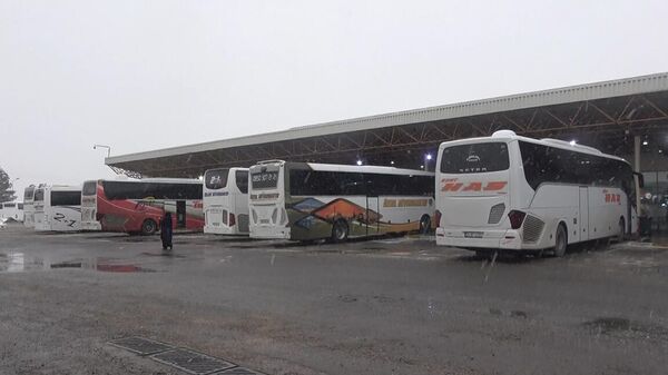 Diyarbakır'da kar yağışı nedeniyle otobüs seferleri durdurulunca doğu illerinden batı illerine gitmek için Diyarbakır Otobüs Terminaline gelen otobüsler, yolcularıyla birlikte bekletiliyor. - Sputnik Türkiye