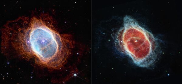 James Webb Teleskobu tarafından çekilen iki fotoğrafta, 'NGC 3132' olarak tanımlanan ve yaklaşık 2500 ışıkyılı uzaklıktaki ve 'Güney Halka Bulutsusu'nun en son görüntüsü yer alıyor. - Sputnik Türkiye