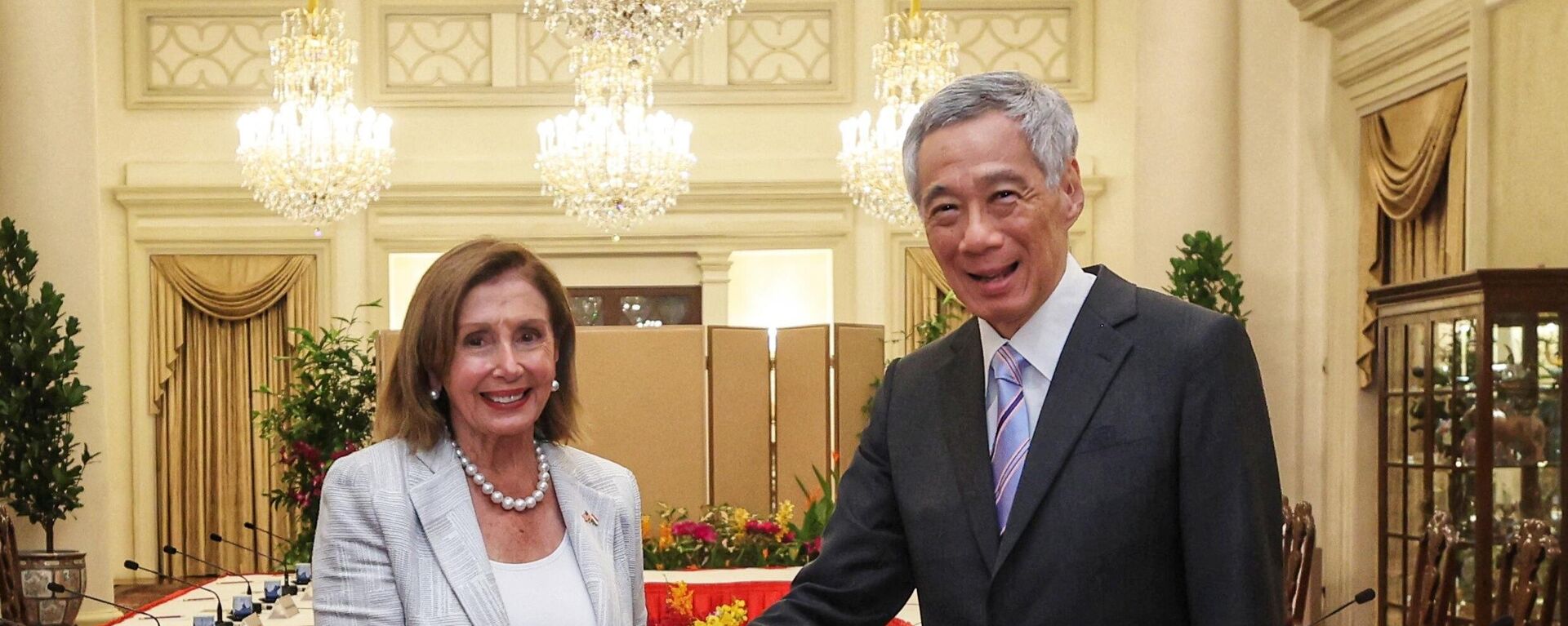 ABD Temsilciler Meclisi Başkanı Nancy Pelosi, olası Tayvan ziyareti bakımından yakından takip edilen Hint-Pasifik turunun ilk ayağında Singapur'da Başbakan Lee Hsien Loong (sağda) ile görüşürken - Sputnik Türkiye, 1920, 01.08.2022