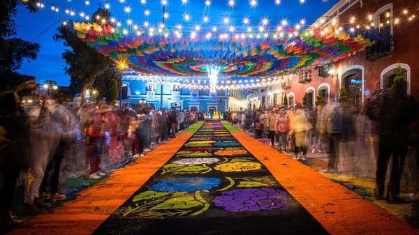 Meksika’da düzenlenen geleneksel şenlikte renkli talaş ve çiçeklerden yapılan 3 bin 932 metrelik halı Guinness Rekorlar Kitabı'na girdi. - Sputnik Türkiye