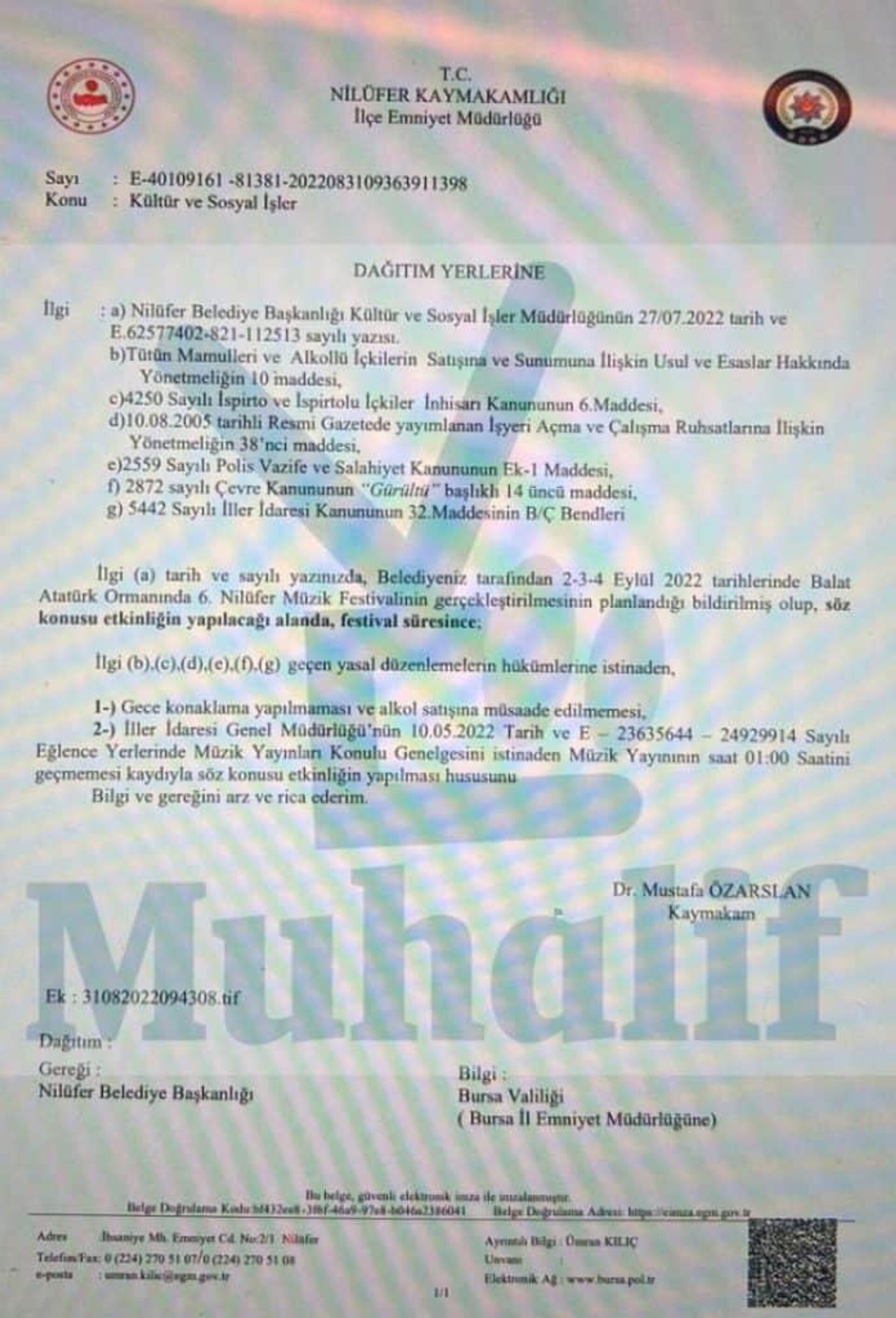 Nilüfer Kaymakamı Mustafa Özarslan'ın imzasıyla, belediyeye gönderilen resmi yazı - Sputnik Türkiye, 1920, 02.09.2022