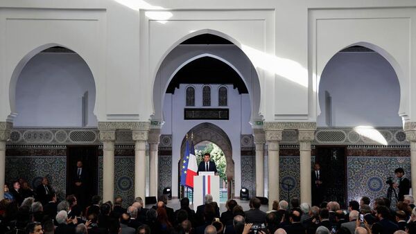 Fransa Cumhurbaşkanı Emmanuel Macron, Paris'teki Ulu Cami'nin temelinin atılışının 100. yıl dönümü törenine katıldı. - Sputnik Türkiye