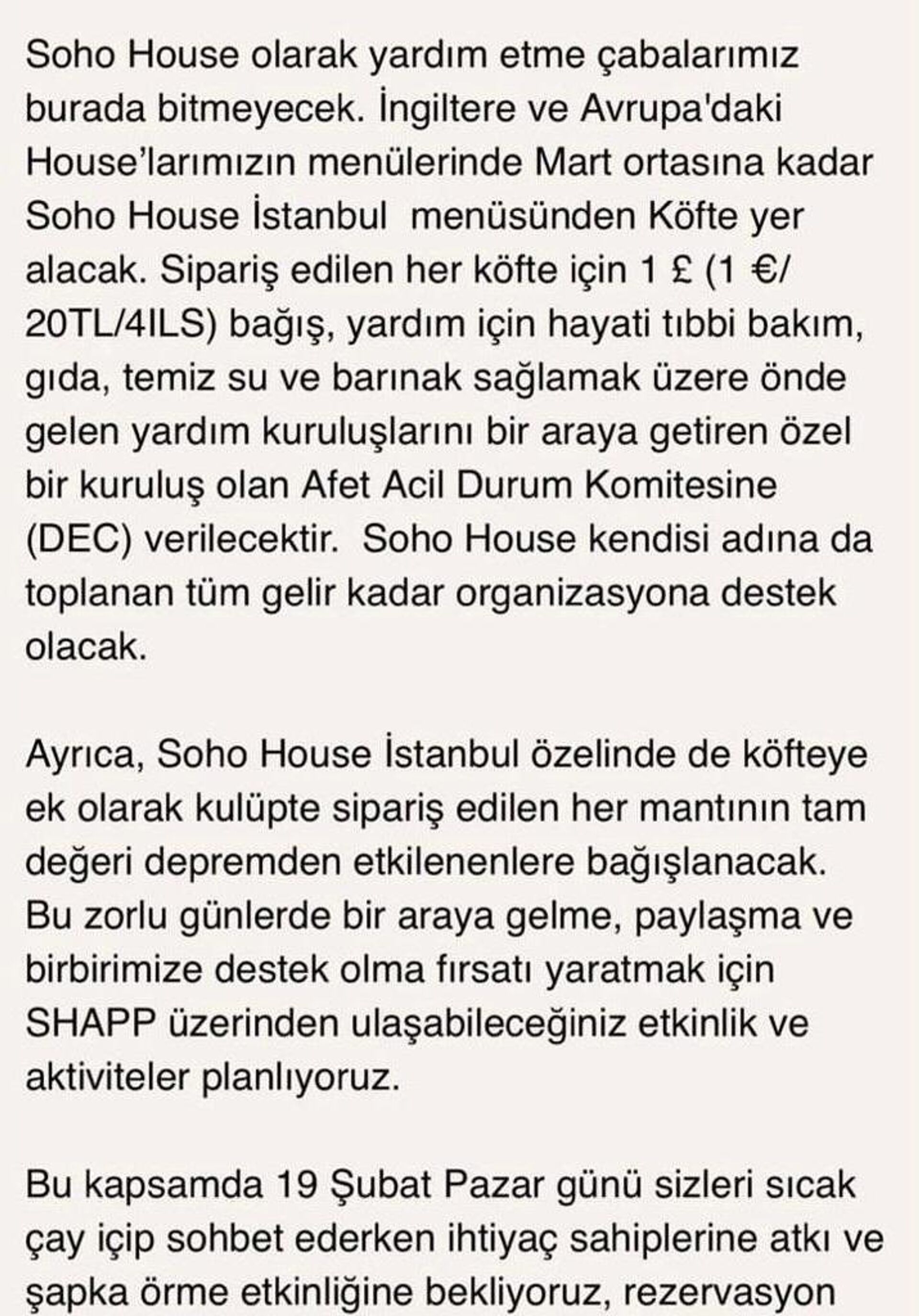 Soho House'un deprem bölgesine bağış kampanyası - Sputnik Türkiye, 1920, 19.02.2023