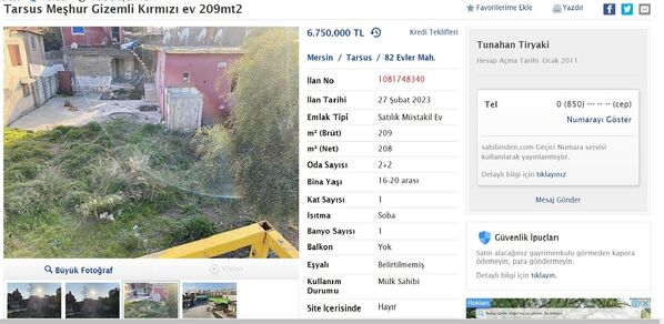 Sahibi tarafından ev, &#x27;Tarsus Meşhur Gizemli Kırmızı ev 209 m2&#x27; başlığı altında 6 milyon 750 bin TL satış fiyatıyla ilana çıktı. - Sputnik Türkiye