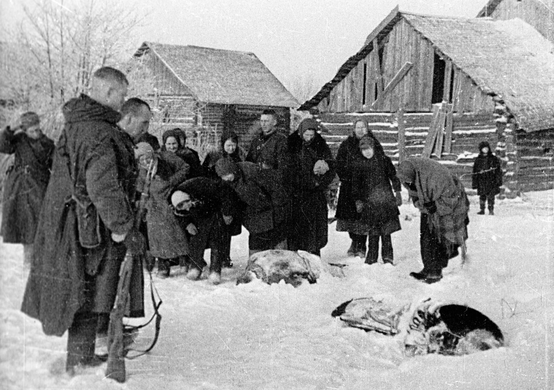 Nazi Almanya'sının işgalinden kurtarılan bir köyün sakinleri ve Sovyet askerleri, Nazilerin öldürdüğü bölge sakinlerinin cesetlerine bakıyor. 1942 yılı - Sputnik Türkiye, 1920, 19.04.2023