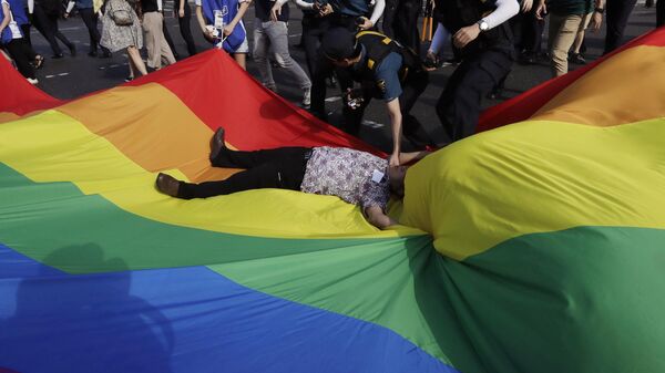 Güney Kore'de eşcinsellik karşıtı bir gösterici - Sputnik Türkiye
