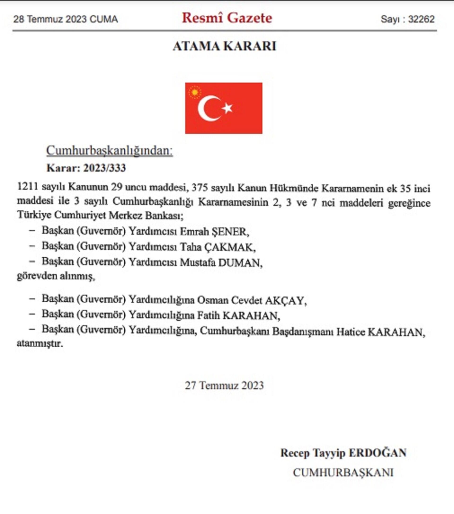 Resmi Gazete'de yayımlanan karara göre Merkez Bankası başkan yardımcıları görevden alındı. - Sputnik Türkiye, 1920, 28.07.2023