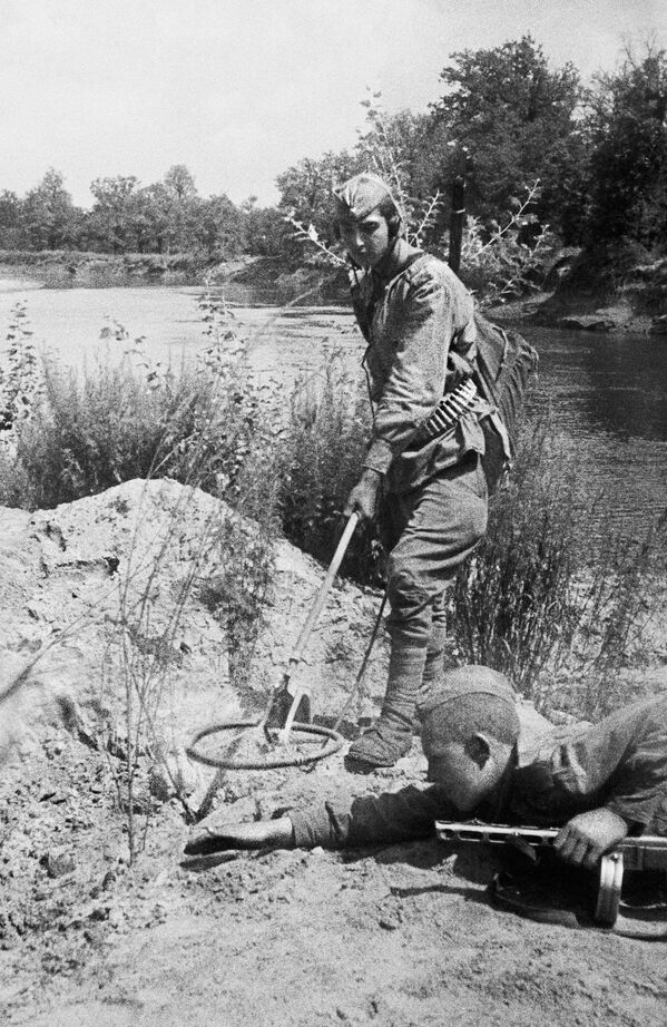 Саперы осматривают местность на наличие мин. Сталинская область (ныне Донецкая Народная Республика), июль 1943  - Sputnik Türkiye