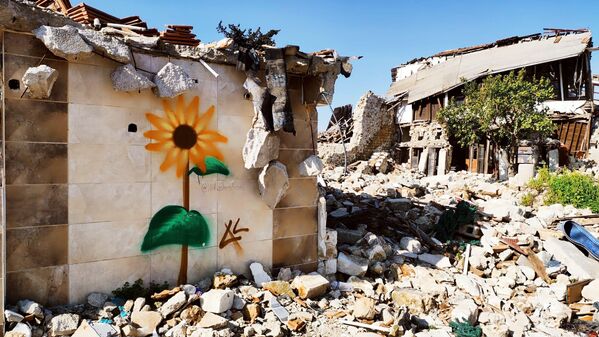 Depremin yıl dönümünde Antakya merkezinde yer alan duvarlar çiçek resimleri ile doldu. - Sputnik Türkiye