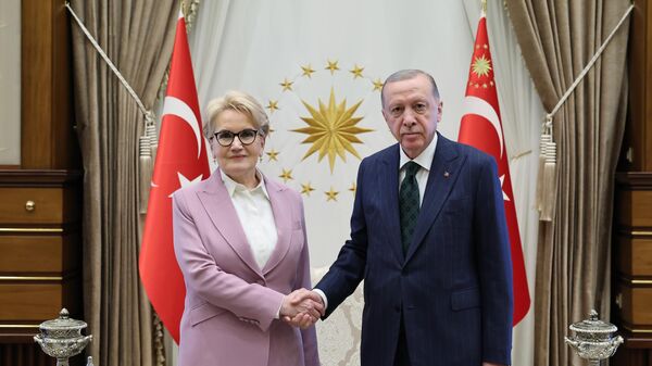 Cumhurbaşkanı Recep Tayyip Erdoğan, Cumhurbaşkanlığı Külliyesi'nde İYİ Parti eski Genel Başkanı Meral Akşener'i kabul etti.   - Sputnik Türkiye
