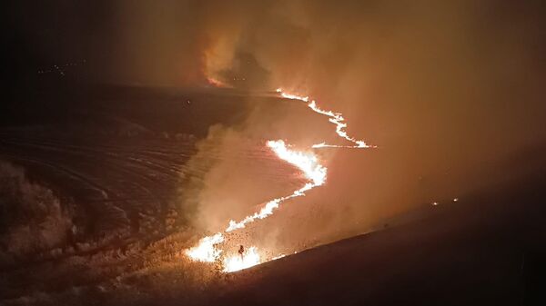 Gaziantep'in İslahiye ilçesinde anız yangını olarak başlayan ve mera bölgelerine yayılan yangına müdahale sürüyor. Yangın söndürme çalışmalarına köylüler de traktörleriyle destek veriyor. - Sputnik Türkiye