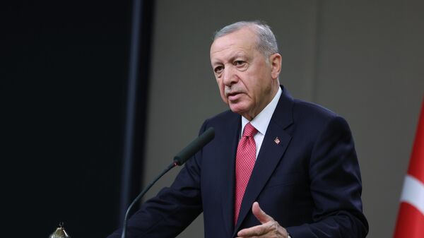 Cumhurbaşkanı Recep Tayyip Erdoğan, Washington'daki NATO Devlet ve Hükümet Başkanları Zirvesi'ne katılmak üzere ABD'ye hareketinden önce Esenboğa Havalimanı'nda basın toplantısı düzenledi. - Sputnik Türkiye