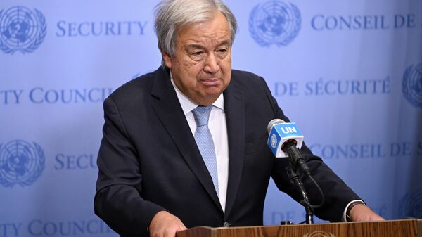 Birleşmiş Milletler (BM) Genel Sekreteri Antonio Guterres, New York'taki BM Genel Merkezi'nde basın toplantısı düzenledi - Sputnik Türkiye