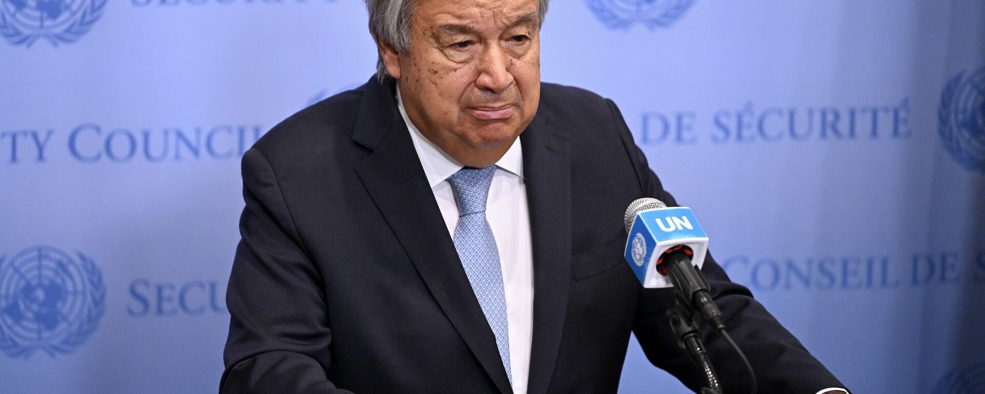 Birleşmiş Milletler (BM) Genel Sekreteri Antonio Guterres, New York'taki BM Genel Merkezi'nde basın toplantısı düzenledi - Sputnik Türkiye, 1920, 16.08.2024