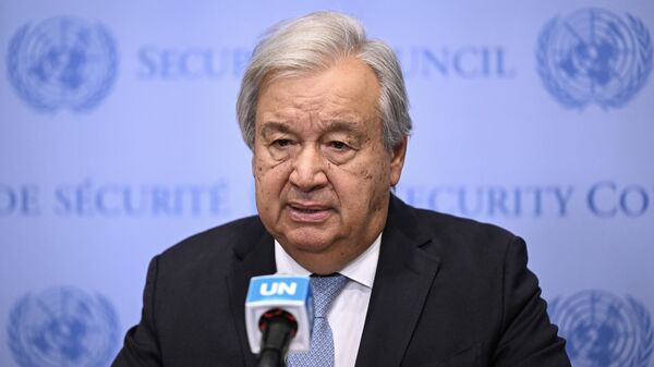 Birleşmiş Milletler (BM) Genel Sekreteri Antonio Guterres, New York'taki BM Genel Merkezi'nde basın toplantısı düzenledi - Sputnik Türkiye