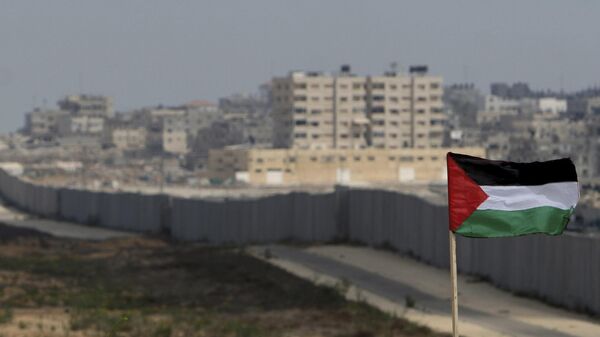 FILE - A Palestinian flag is seen with the background of a section of the wall in the Philadelphi corridor between Egypt and Gaza, on the background, near the southern Gaza Strip town of Rafah. - Sputnik Türkiye