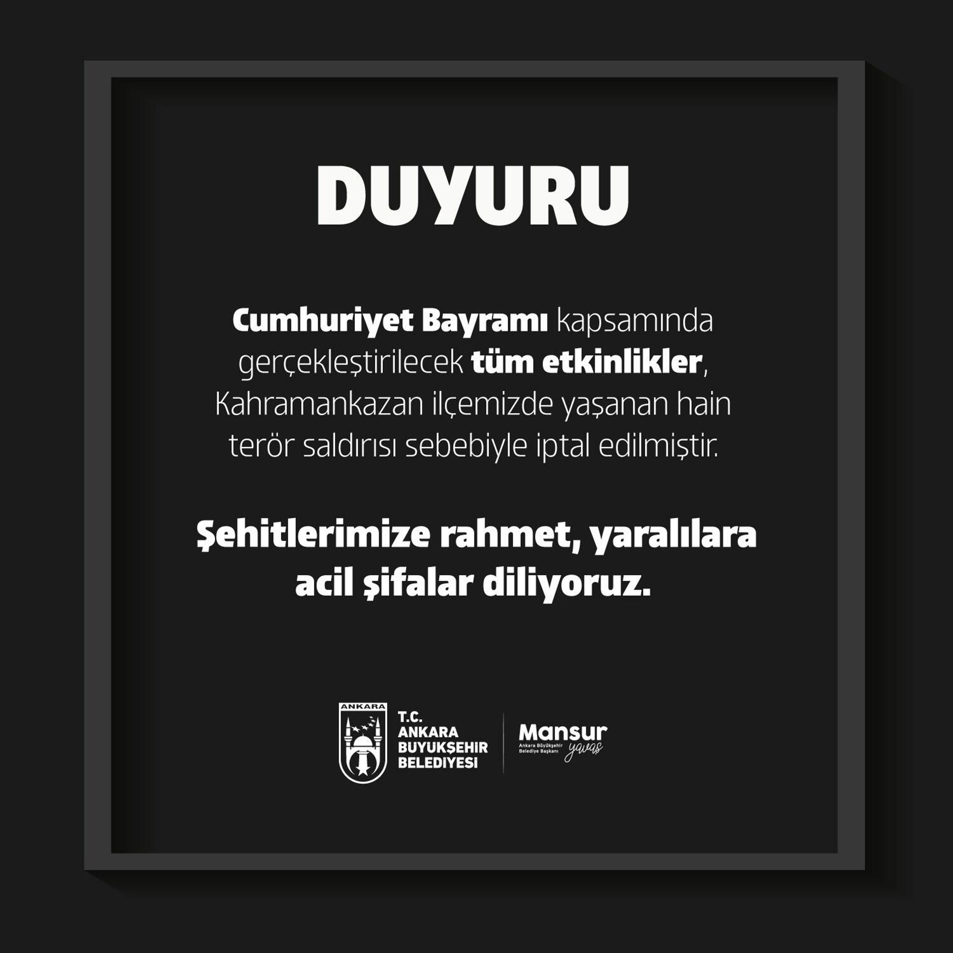 Ankara Büyükşehir Belediyesi (ABB), Cumhuriyet Bayramı kapsamında gerçekleştirilecek olan tüm etkinliklerin Ankara'nın Kahramankazan ilçesinde gerçekleşen terör saldırısı sebebiyle iptal edildiğini bildirdi. - Sputnik Türkiye, 1920, 23.10.2024