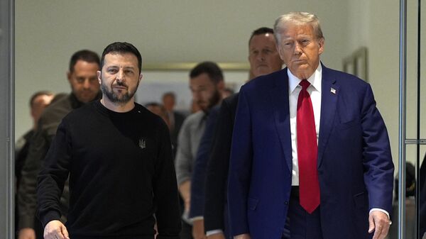 Republican presidential nominee former President Donald Trump meets with Volodymyr Zelensky - Sputnik Türkiye