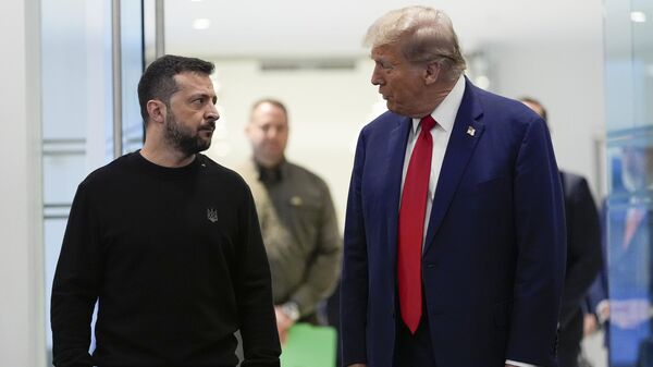 Republican presidential nominee former President Donald Trump meets with Ukraine's President Volodymyr Zelenskyy at Trump Tower, Friday, Sept. 27, 2024, in New York. (AP Photo/Julia Demaree Nikhinson) - Sputnik Türkiye