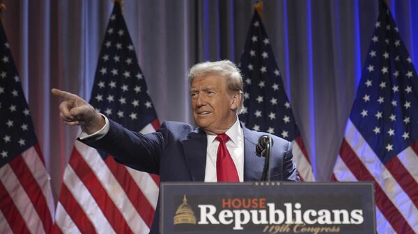 President-elect Donald Trump speaks as he arrives for a meeting with the House GOP conference, Wednesday, Nov. 13, 2024, in Washington.  - Sputnik Türkiye