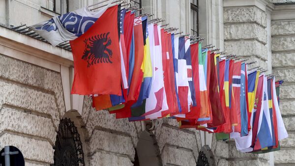 Flags hang in front of Hofburg palace where the Organization for Security and Co-operation in Europe, OSCE, is located in Vienna, Austria, Thursday, Jan.14, 2021. Sweden takes over the chairmanship of the OSCE. (AP Photo/Ronald Zak) - Sputnik Türkiye