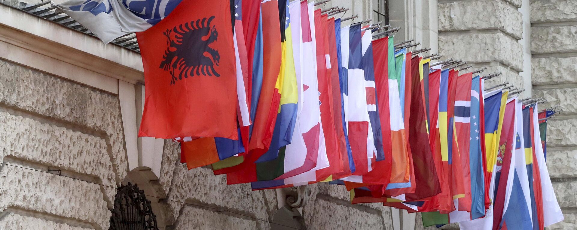 Flags hang in front of Hofburg palace where the Organization for Security and Co-operation in Europe, OSCE, is located in Vienna, Austria, Thursday, Jan.14, 2021. Sweden takes over the chairmanship of the OSCE. (AP Photo/Ronald Zak) - Sputnik Türkiye, 1920, 05.12.2024