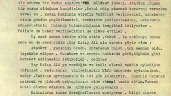  Milli İstihbarat Teşkilatı (MİT) , Atatürk'ten gazeteci olduğunu söyleyerek mülakat isteyen İngiliz kadın hakkındaki araştırmanın sonucunun bildirildiği raporu paylaştı. MİT'in resmi internet sitesinde, Özel Koleksiyon sekmesi başlığı altında yer alan belgeler kısmında yayımlanan istihbarat raporlarına yenisi eklendi. - Sputnik Türkiye