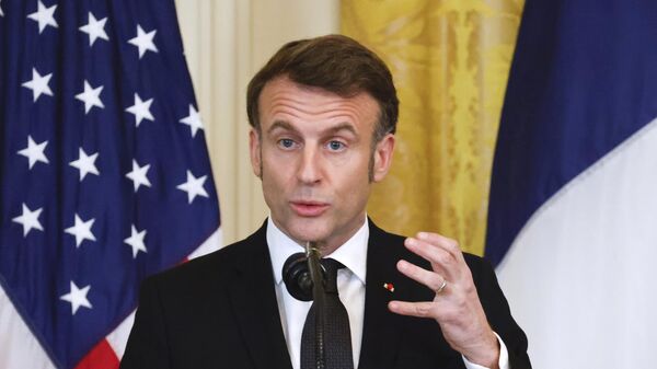 France's President Emmanuel Macron speaks during a joint press conference with President Donald Trump in the East Room of the White House in Washington, Monday, Feb. 24, 2025. - Sputnik Türkiye